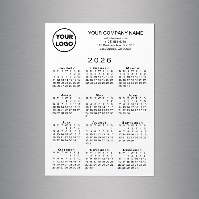 2026 Kalender Firmenlogo Text White Magnet Card (2026 Calendar Business Logo Text White Magnet Card, in situ)