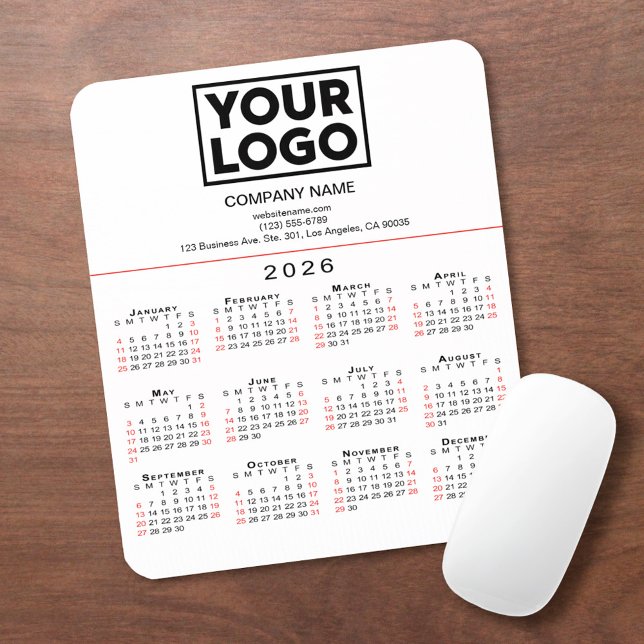 2026 Kalender - Firmenlogo und Text auf Weiß Mousepad (2026 Calendar Business Logo and Text on White Mouse Pad, in situ)