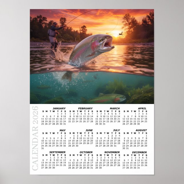 2026 Kalender, Fliegenfischen, Forelle / Fisch Poster (Vorne)