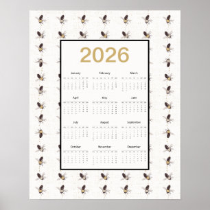 2026 Kalender für das ganze Jahr mit Bienen Poster