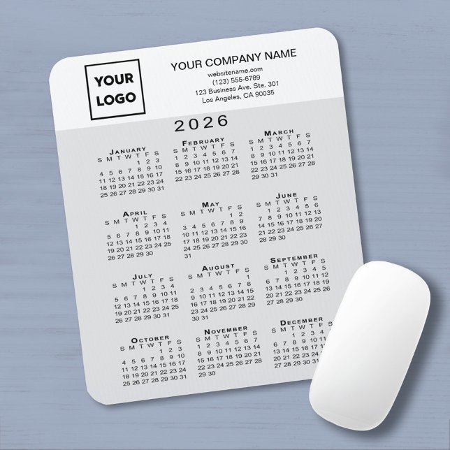 2026 Kalender Geschäft Logo Text Hellgrau Weiß Mousepad (2026 Calendar Business Logo Text Light Grey White Mouse Pad with mouse)