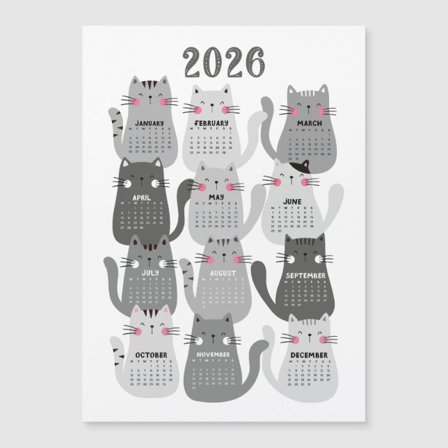 2026 Kalender Graue Katzen Magnetkarte (Vorderseite)