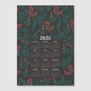 2026 Kalender Grüne Blätter und Rote Blütenschwarz Magnetkarte