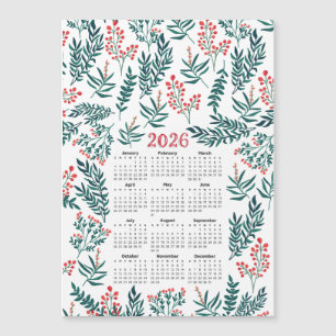 2026 Kalender Grüne Blätter und rotes Blumenmuster Magnetkarte