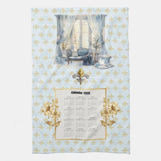 2026 Kalender Handtuch Blau Fleur de Lis Pariser  (Vertikal)