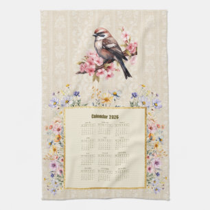 2026-Kalender-Handtuch Spatz mit Wildblumen Geschirrtuch