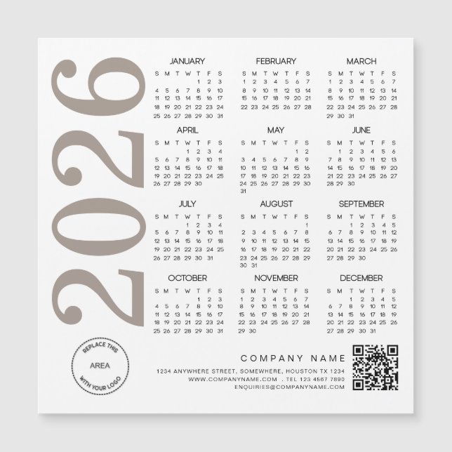 2026 Kalender-Logo QR-Code Neutral Taupe Business Magnetkarte (Vorderseite)