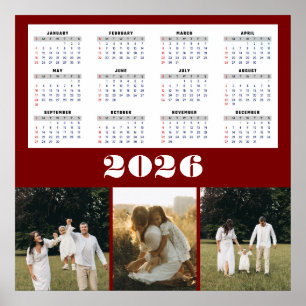 2026 Kalender mit Burgunder Hintergrund  Poster
