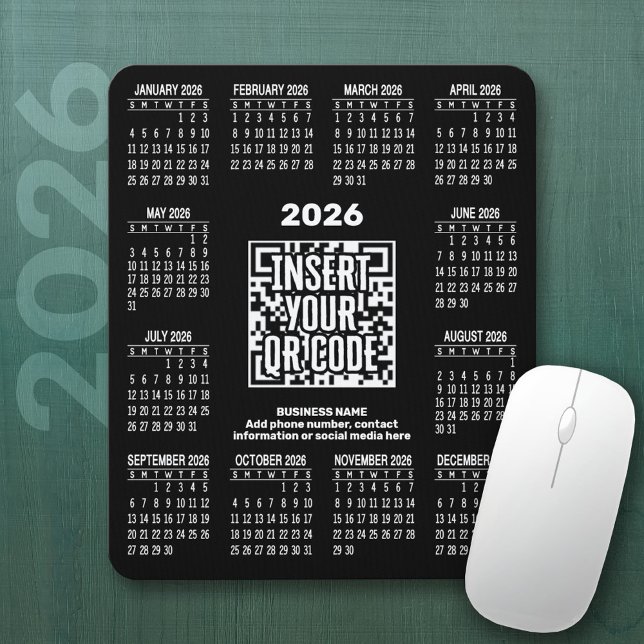 2026 Kalender mit QR-Code-Kontaktinfo Schwarz Mousepad (2026 Calendar on a Mousepad)