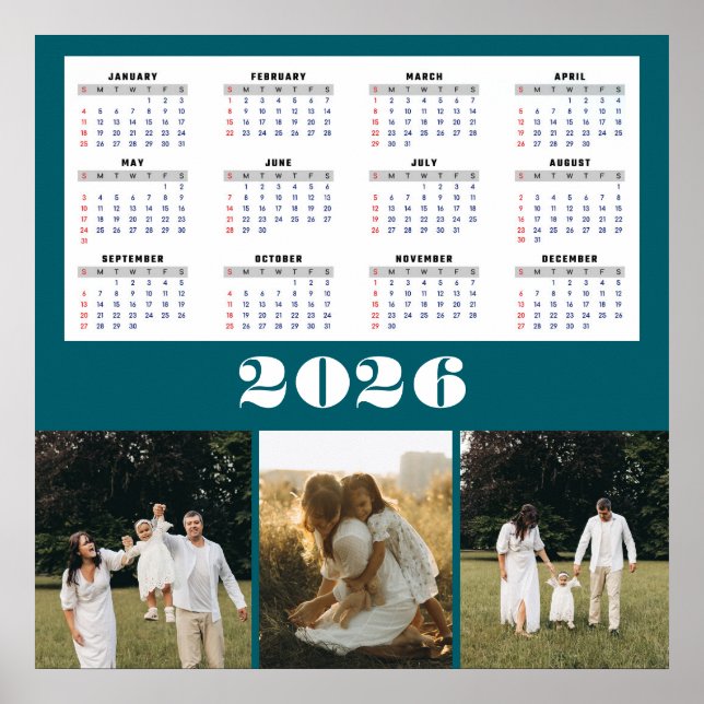 2026 Kalender mit Türkis Hintergrund  Poster (Vorne)