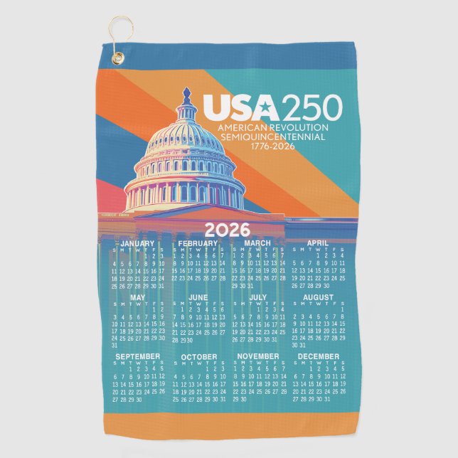 2026 Kalender mit USA 250 Capital Dome Amerika Golfhandtuch (Vorderseite)