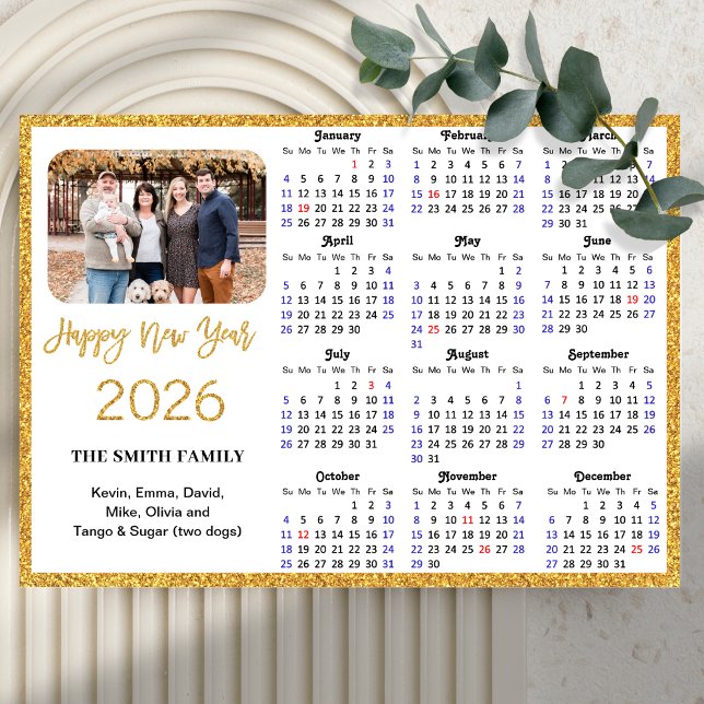 2026 Kalender Modernes Gold Glitzer Foto Magnetic Magnetkarte (Von Creator hochgeladen)