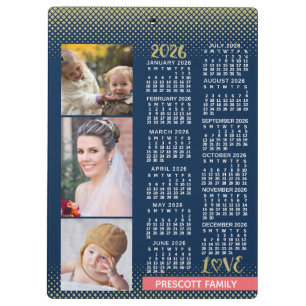 2026 Kalender Navy Coral Gold Familienfoto-Collage Klemmbrett