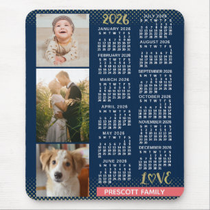 2026 Kalender Navy Coral Gold Familienfoto-Collage Mousepad