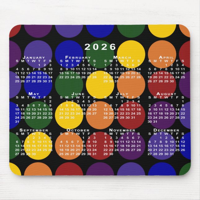 2026 Kalender Pride Regenbogen Tupfen auf Schwarz Mousepad (Vorne)