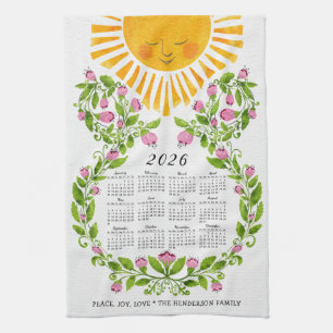 2026 Kalender Rosa Blume Niedlich Sonnenblumen Geschirrtuch