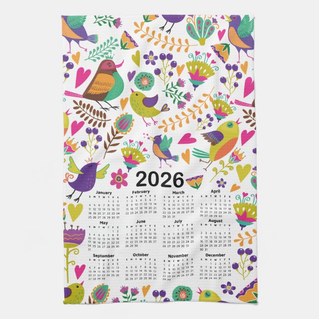 2026 Kalender Rosa und Lila Vögel und Blume Geschirrtuch (Vertikal)