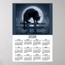 2026 Kalender Schwarze Katze auf einem Zaun bei Vo Poster