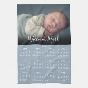 2026 Kalender Skript Name Foto Staubblau Geschirrtuch