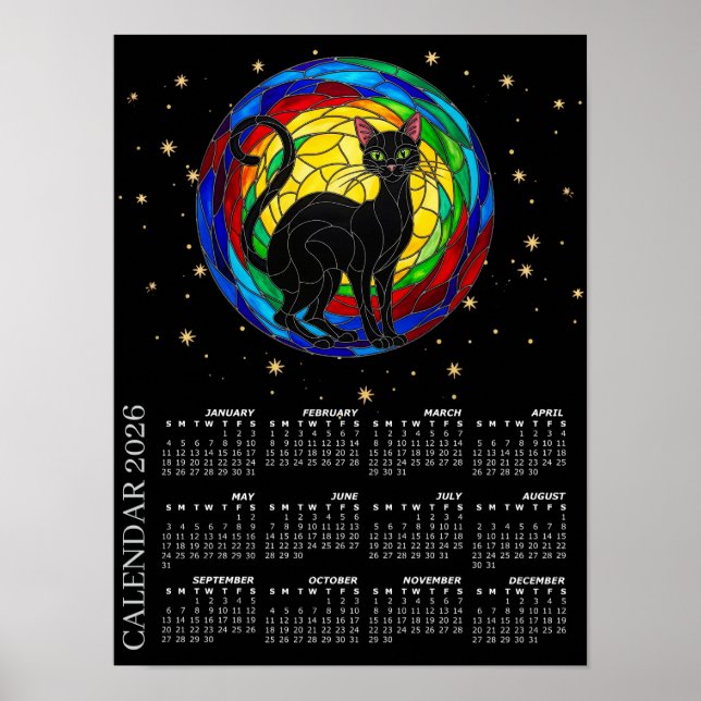 2026 Kalender, Vintage Schwarze Katze, Farbige Mos Poster (Vorne)