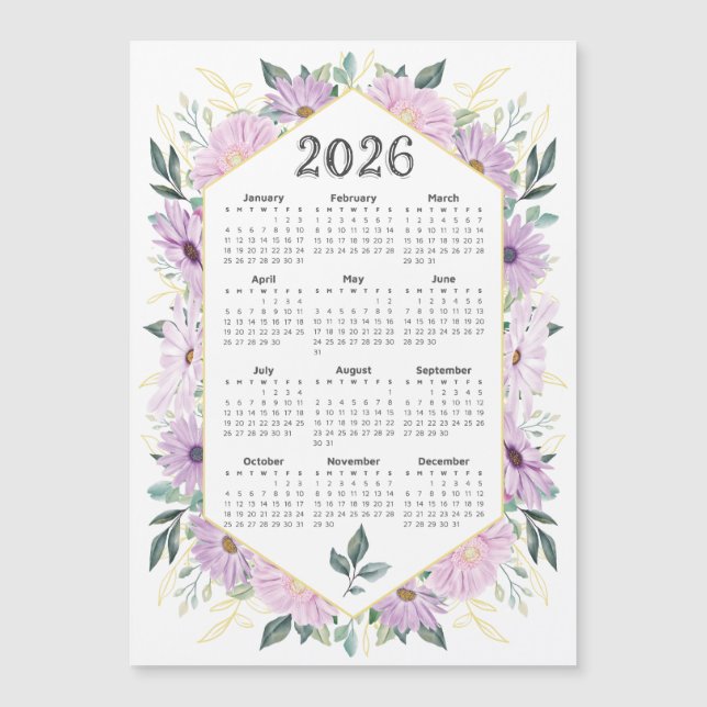 2026 Kalender Wasserfarbe Lila Botanische Vegetati Magnetkarte (Vorderseite)