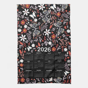2026 Kalender Whimsical Floral & Butterfly Black Geschirrtuch