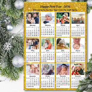 2026 Kalenderfamilie 12 Foto Moderner Gold Glitzer Magnetkarte