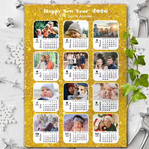 2026 Kalenderfamilie 12 Foto Moderner Gold Glitzer Magnetkarte