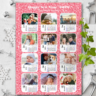 2026 Kalenderfamilie 12 Foto Moderner rosa Glitzer Magnetkarte