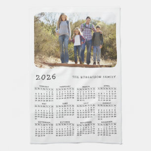 2026 Kalenderfamilie Name Foto Einfach Weiß Schwar Geschirrtuch