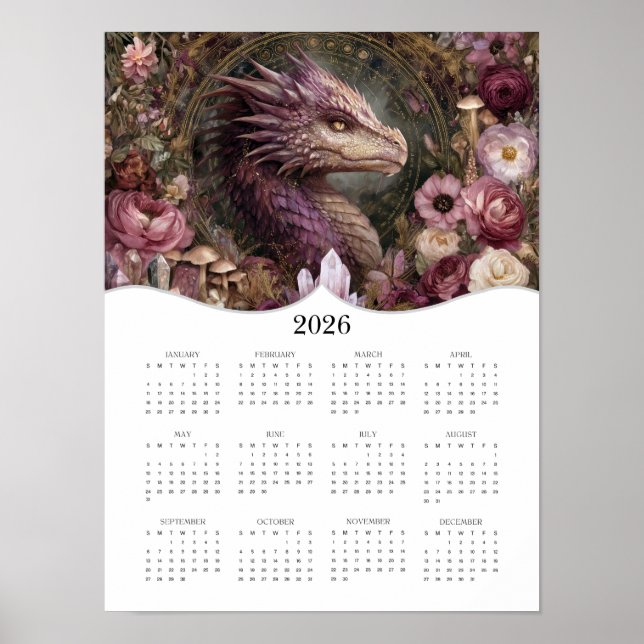 2026 Lila Dragon Fantasy Art Full Year Calendar Poster (Vorne)