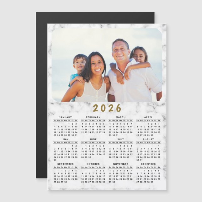 2026 Magnetkalender Weißer Marmor Ihr Foto Magnetkarte (Vorne/Hinten)