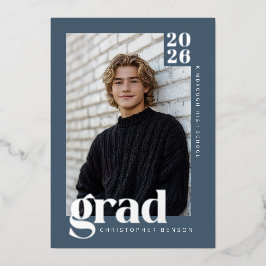 2026 Modern Blue 4 Photo Graduation Silver Folieneinladung