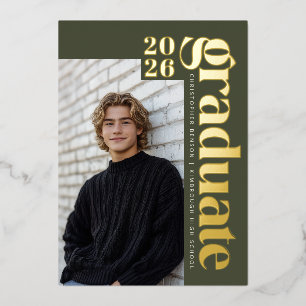 2026 Modern Olivgrün Foto Absolvent Gold Folieneinladung