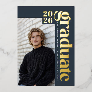 2026 Moderner Absolvent Blau Foto Abschluss Gold Folieneinladung