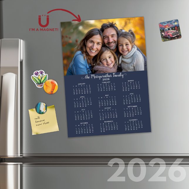 2026 Modernes Blue Simple Foto Calendar Magnetkarte (2026 Modern Blue Simple Photo Calendar Cards with Envelopes)