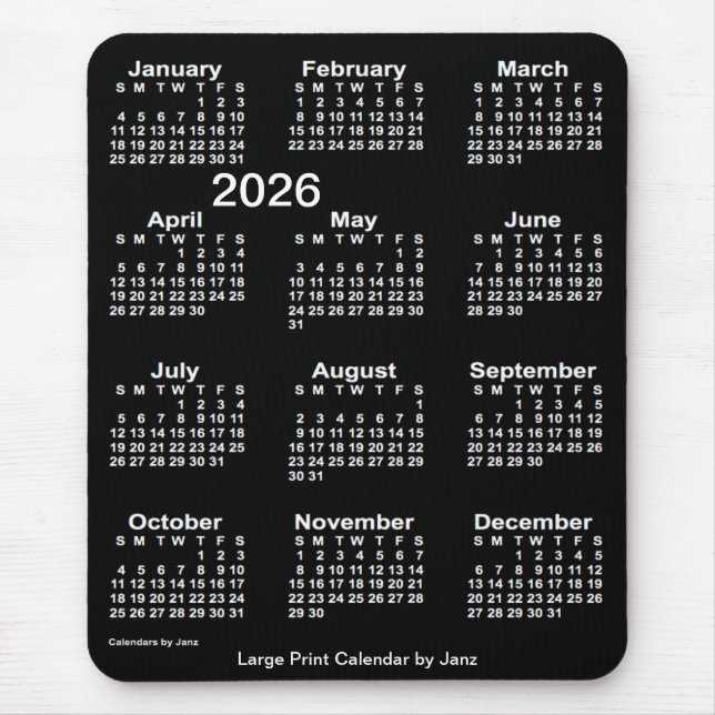 2026 Neon White Large Print Calendar von Janz Mousepad (Vorne)