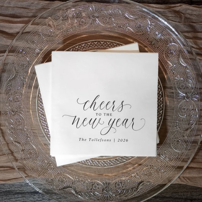 2026 New Year Cheers Elegant Script Party Serviette (Elegant black and white New Year’s napkin with “cheers to the new year 2026” in chic script.)