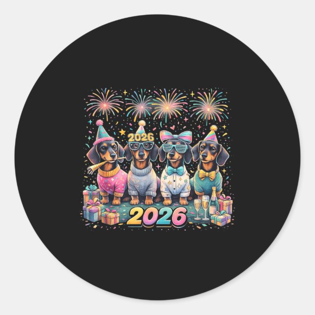 2026 New Year Dachshund Party Fireworks Fun  Runder Aufkleber (Vorderseite)