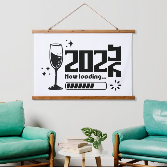 2026 New Year Loading Celebration Typography Wandteppich Mit Holzrahmen (Wohnzimmer)