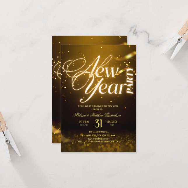 2026 New Years Eve Party Gold Glitter Black  Einladung (Vorderseite/Rückseite Beispiel)