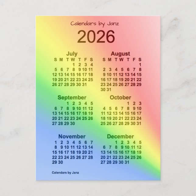 2026 Rainbow 6 Month Mini Calendar by Janz Postkarte (Vorderseite)