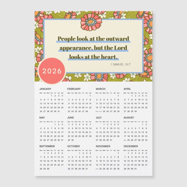 2026 Retro Floral 1 Samuel 16:7 Kalender Magnetkarte (Vorderseite)