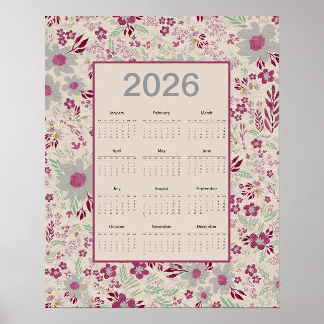2026 Rosa Graues Blumenmuster-Kalender Poster (Vorne)