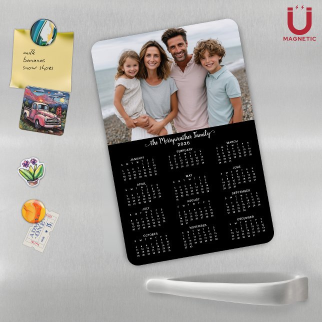 2026 Schwarzes Personalisiertes Foto - Kalender Magnet (2026 Black Modern Personalized Photo Calendar Magnet)