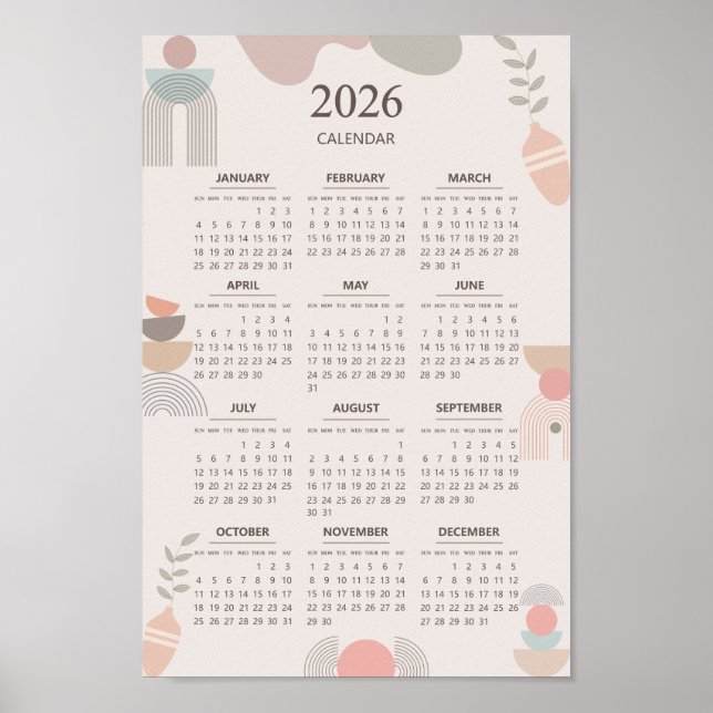 2026 Skandinavier Kalender Boho Ästhetik Beige Poster (Vorne)