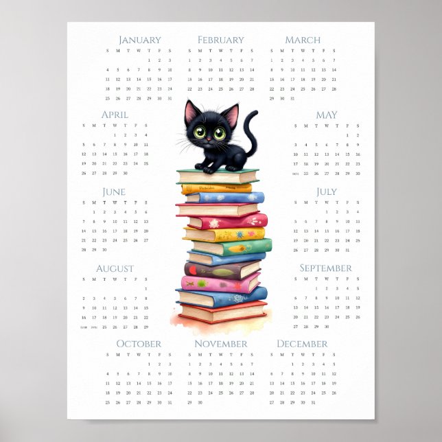2026 Süße schwarze Kätzchen-Buch-Stack 1-Seite-Kal Poster (Vorne)