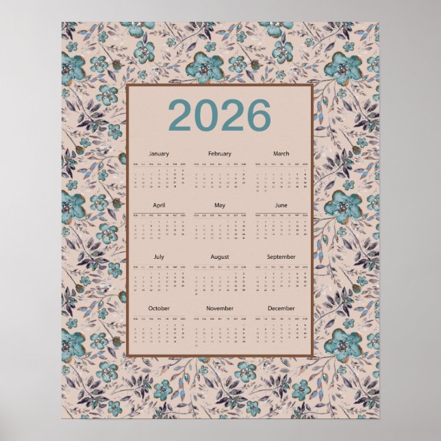 2026 Teal Flowers Calendar Poster (Vorne)