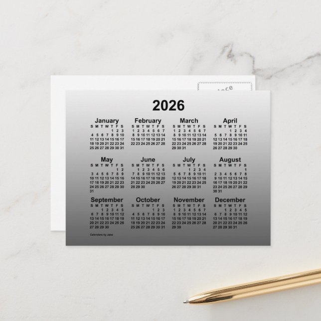 2026 Verblassener White Mini-Kalender von Janz Pos Postkarte (Vorderseite/Rückseite Beispiel)