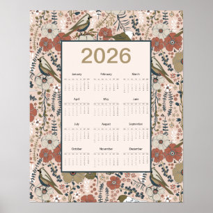 2026 Vögel Blumen Kalender Poster